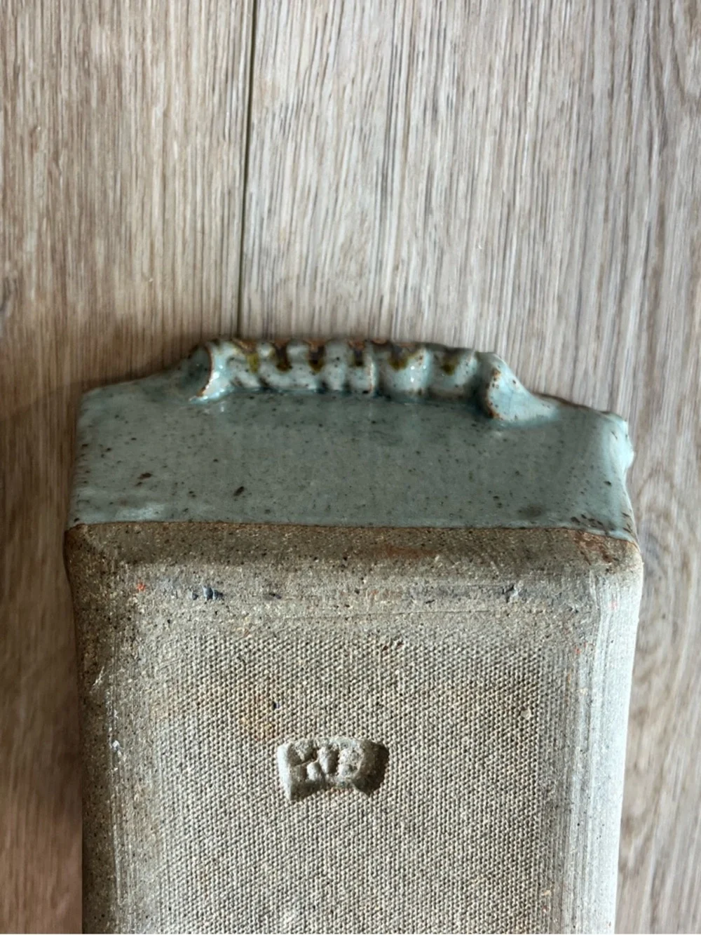 Handmade Rectangular Ceramic Baker with Heron Motif - Seafoam Green & Brown